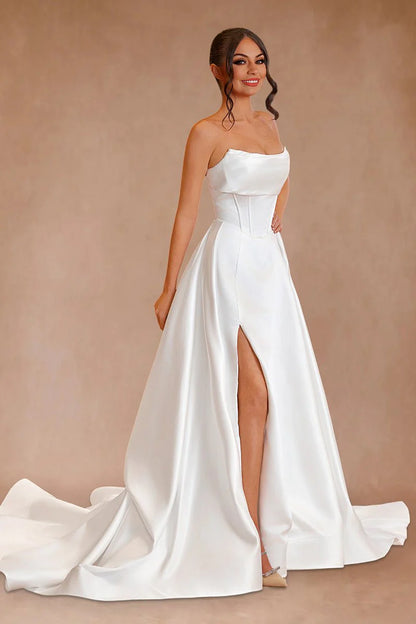 White Strapless Satin A Line Wedding Dresses