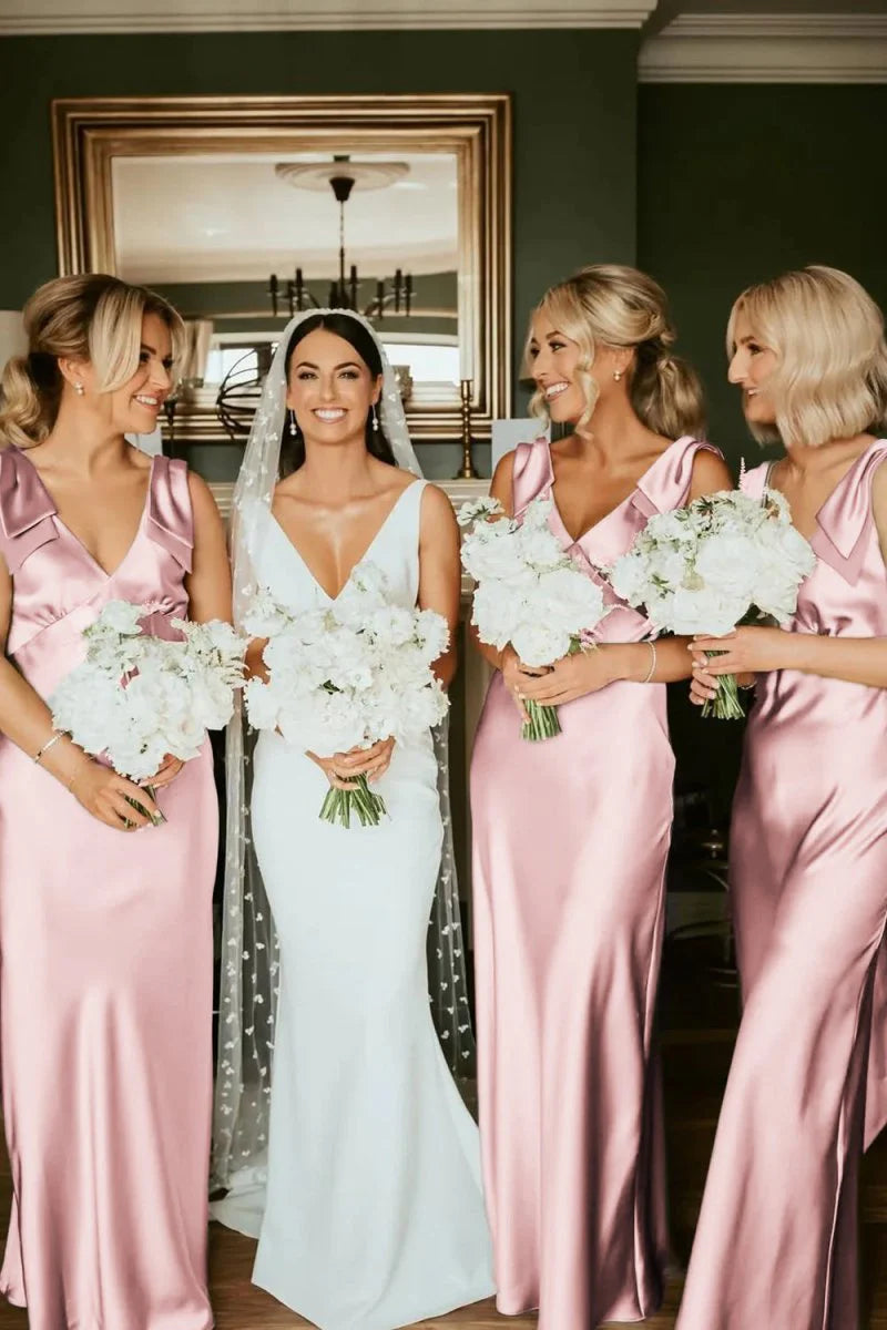 Sheath V Neck Sage Green Silk Satin Bridesmaid Dress with Bow