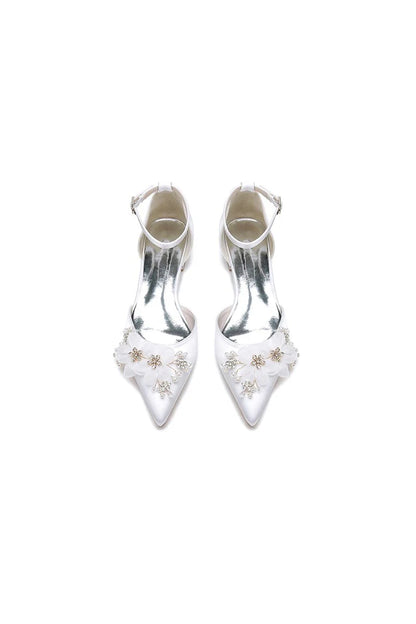 Ankle Strap Pointed Toe Low Heels with Rhinestone Flower
