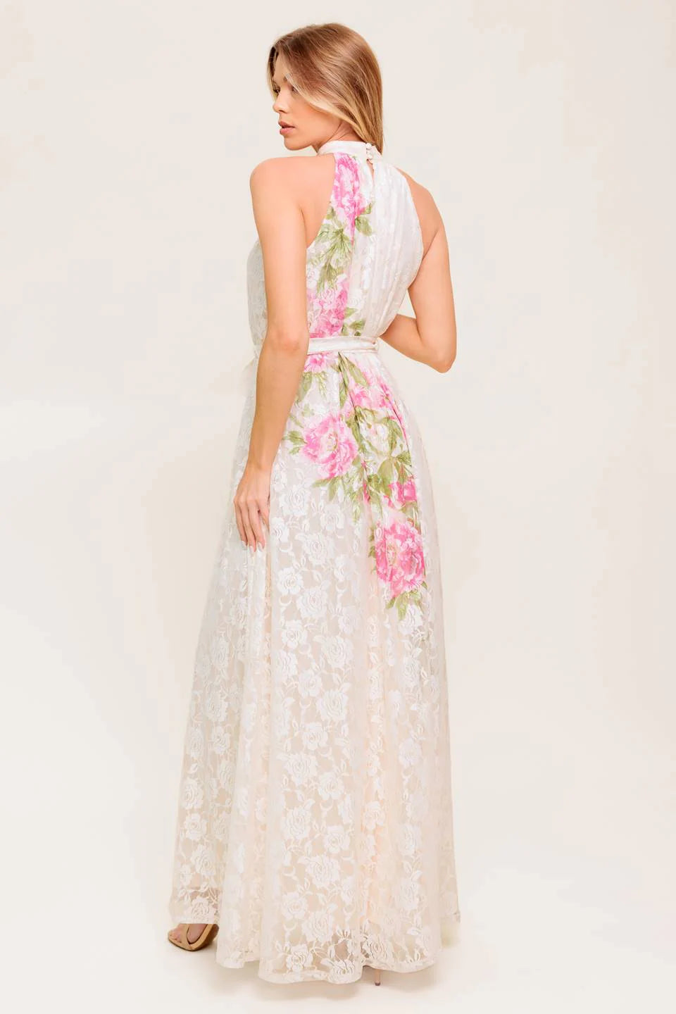 ROSE GARDEN IVORY LACE HALTER MAXI DRESS