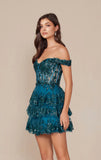 BRENNA MINI DRESS TEAL OFF SHOULDER TIERED SHORT DRESS