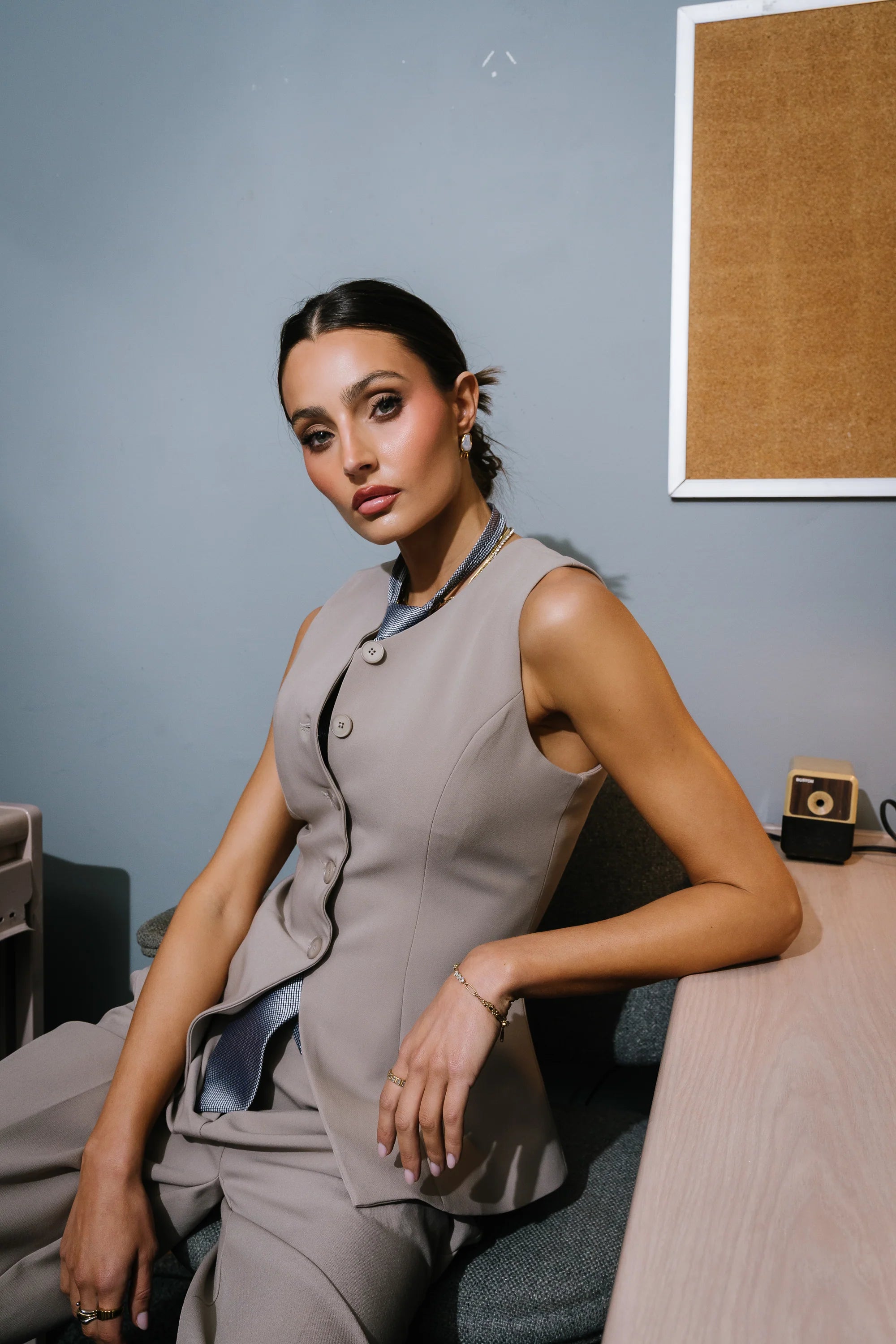 Carrie Button Up Vest in Taupe