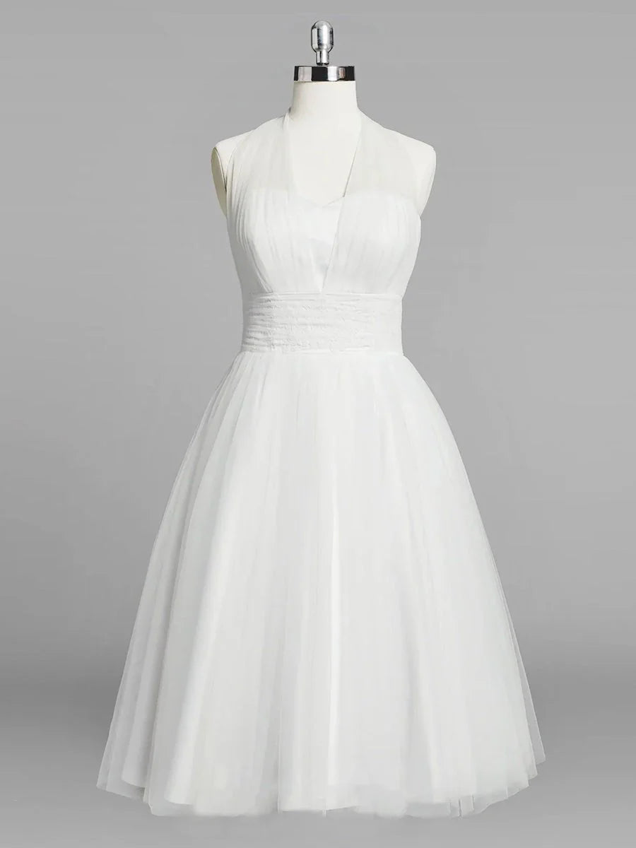 Halter A Line Tea Length Tulle Wedding Dress With Ruching