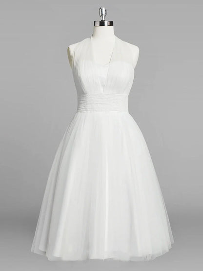 Halter A Line Tea Length Tulle Wedding Dress With Ruching