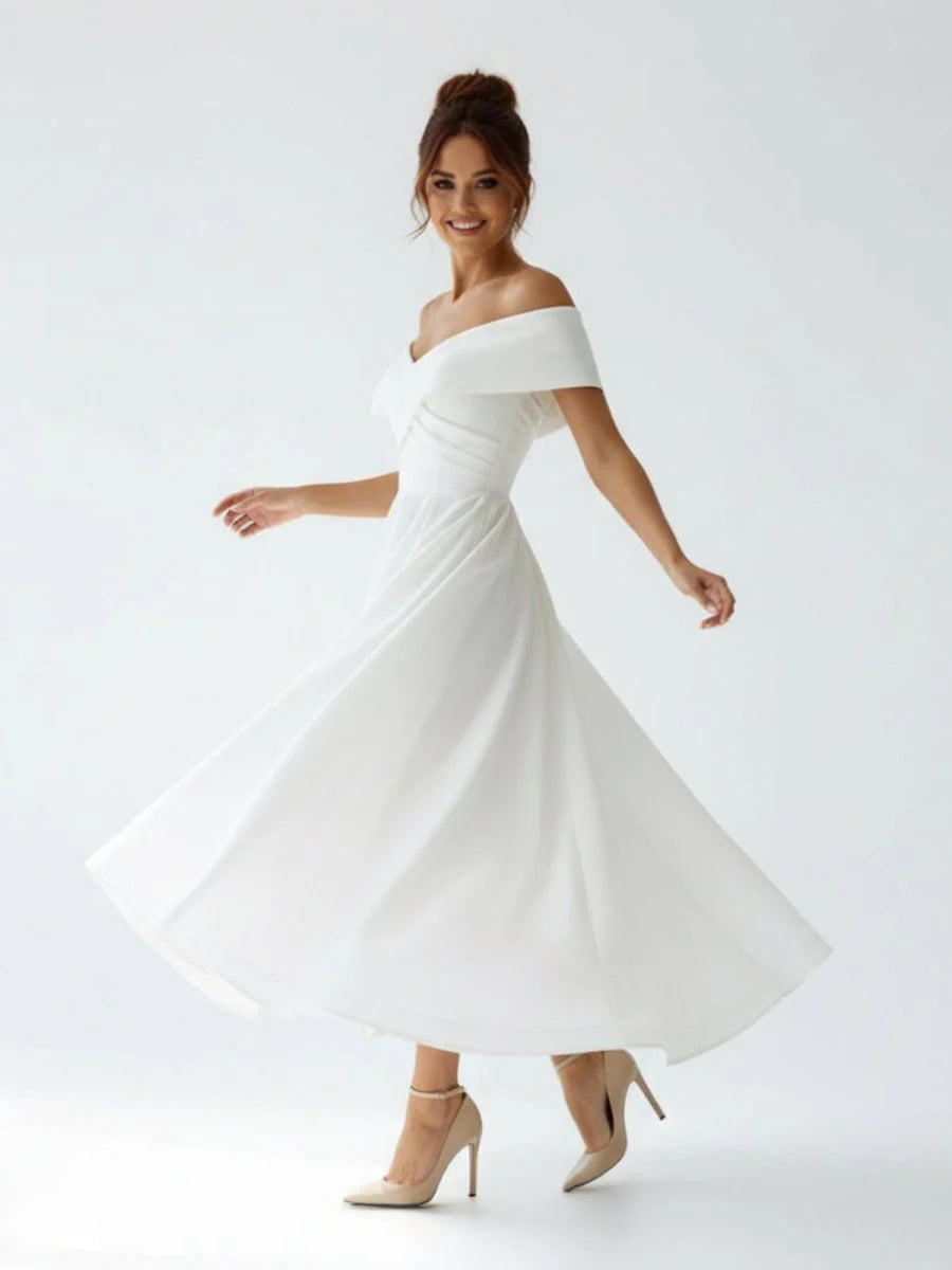 A Line Satin Tea Length White Off the Shoulder Wedding Dress