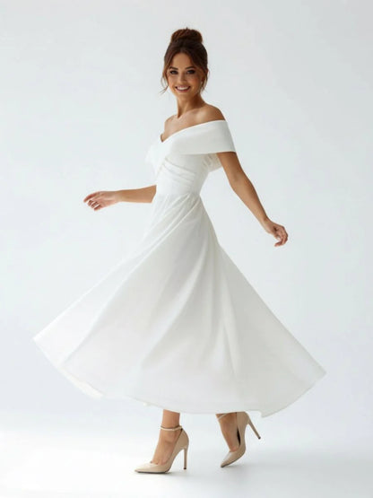 A Line Satin Tea Length White Off the Shoulder Wedding Dress