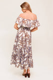PALM TREE GARDEN OFF THE SHOULDER MIDI DRESS