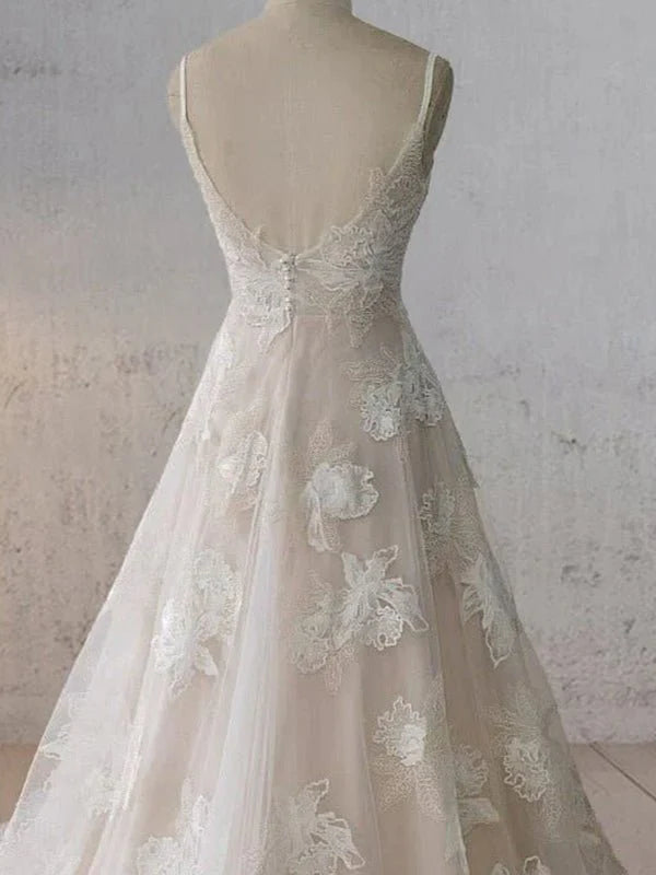 Boho White A Line Lace Appliques Wedding Dress