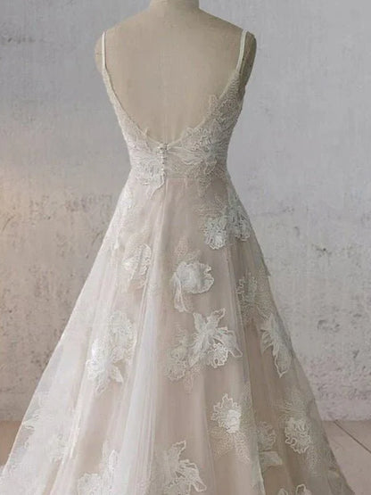 Boho White A Line Lace Appliques Wedding Dress