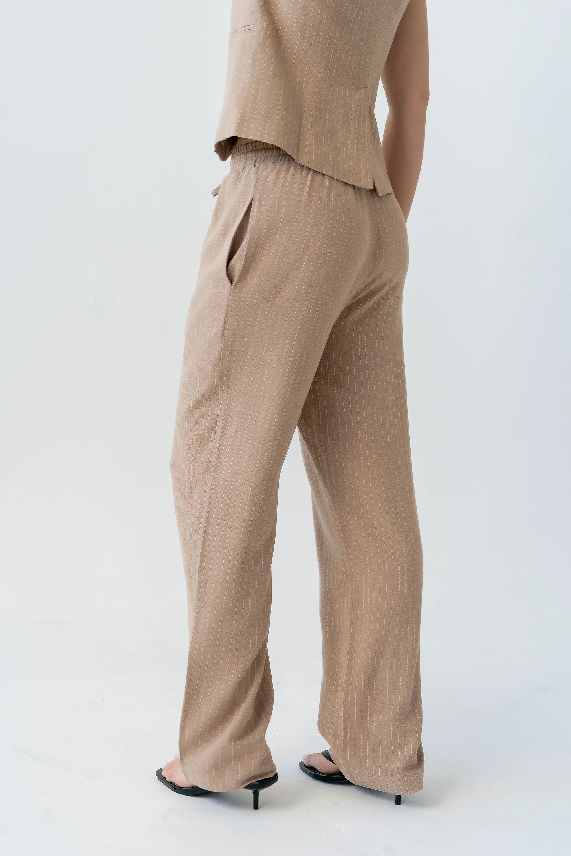 Vivienne Pinstripe Wide Leg Pants in Tan