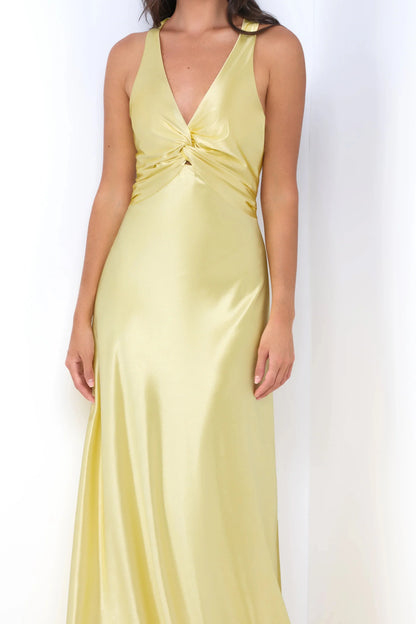 Odette Maxi Dress Yellow Open Back With Adjustable Bow Tie Detail