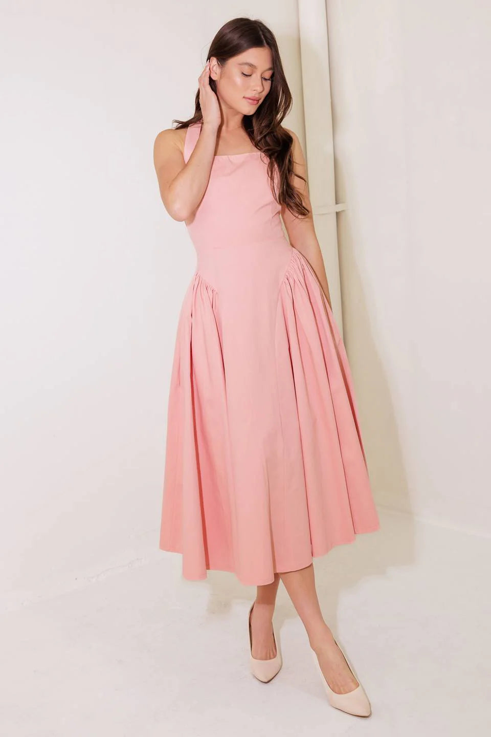 CAUGHT IN THE RAIN HALTER MIDI DRESS SOFT PINK