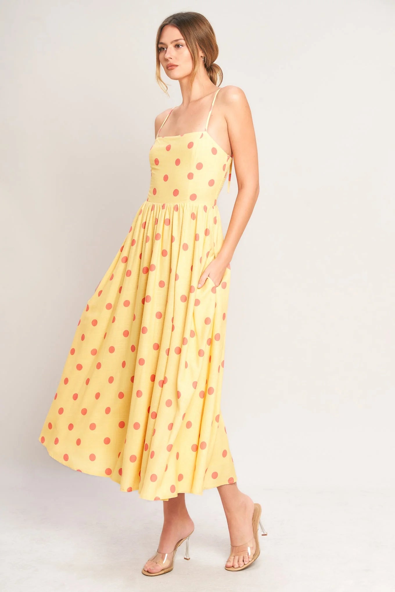 GOLDEN SUMMER POLKA DOT YELLOW MIDI DRESS