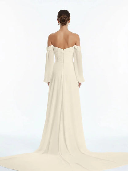 A Line Sweetheart Long Sleeves Chiffon Sweep Train Wedding Dress