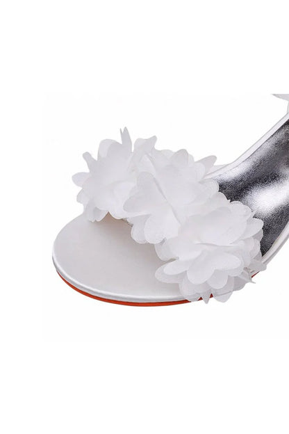 White Floral Satin Open Toe Low Chunky Heels