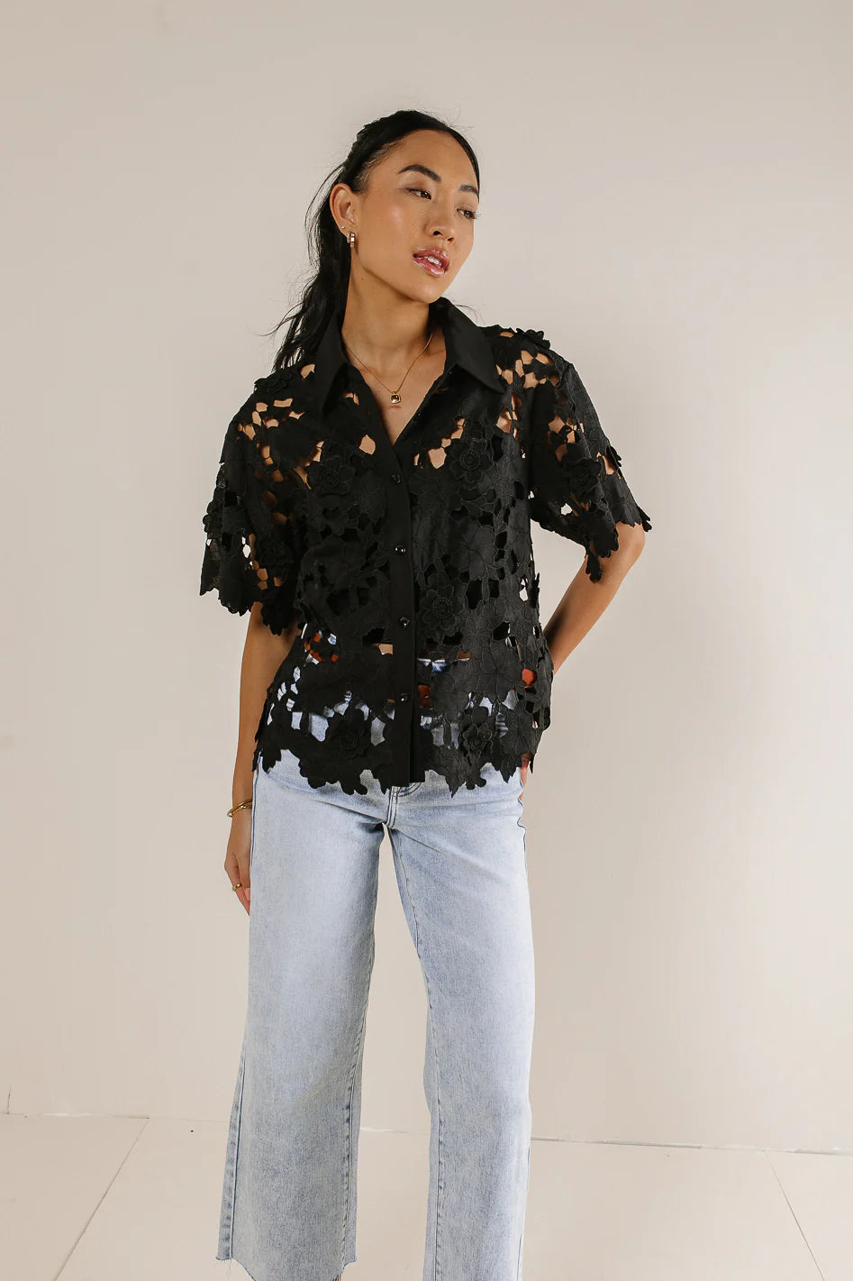 Floral Lace Button Up in Black FINAL SALE