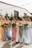 Sheath Strapless Colorful Silk Satin Long Bridesmaid Dresses