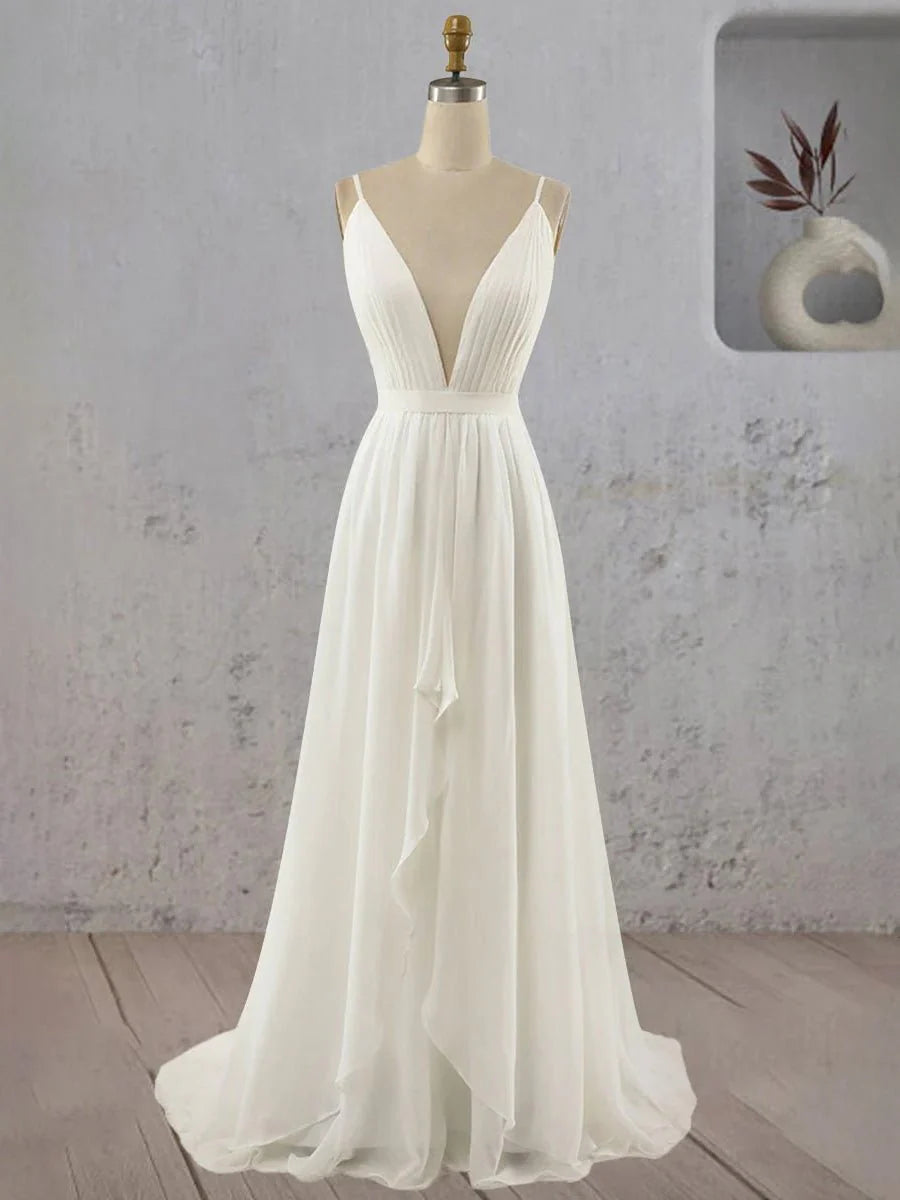 A Line V Neck Straps Spaghetti Sheath Chiffon Wedding Dress