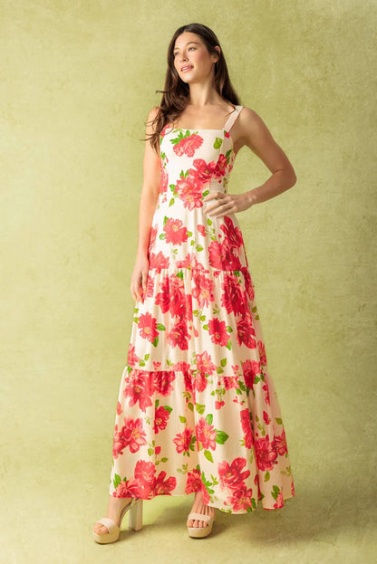 CRIMSON BLOOMS RED FLORAL MAXI DRESS