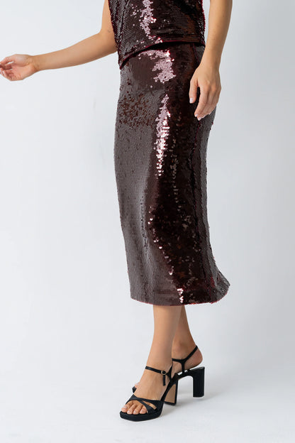 Presley Sequin Midi Skirt in Burgundy