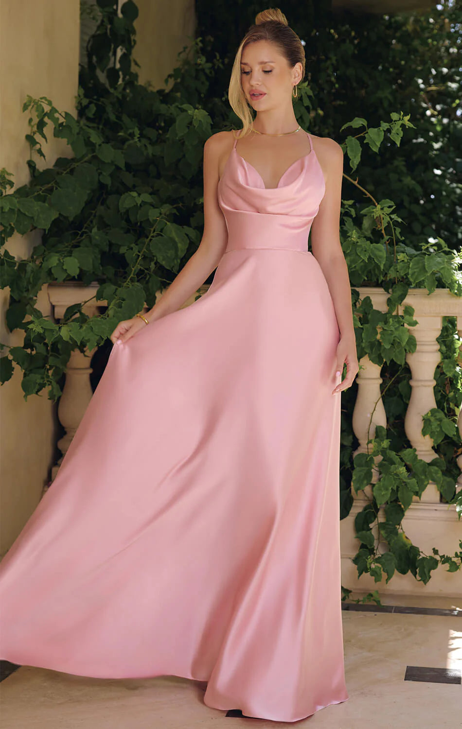 WILLOW GOWN A LINE SATIN DRESS WITH COWL NECKLINE