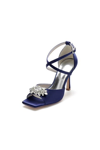 Crystal Buckle Square Open Toe Cross Straps Chunky Heels