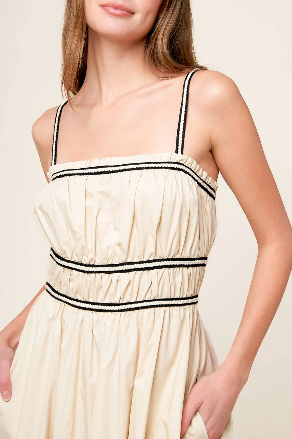 TERRIFIC TIMING BLACK TRIM IVORY MIDI DRESS