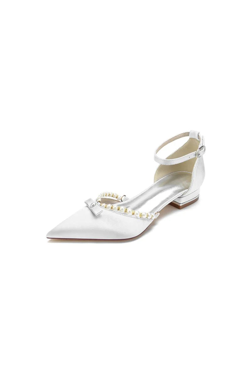 Pearl Bow Buckle Strap Pointed Toe Flats