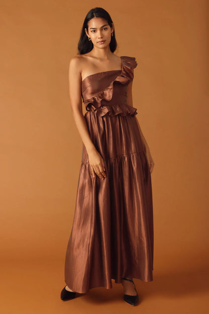 FIND THE ANSWER BROWN SATIN ONE SHOULDER MAXI DRESS