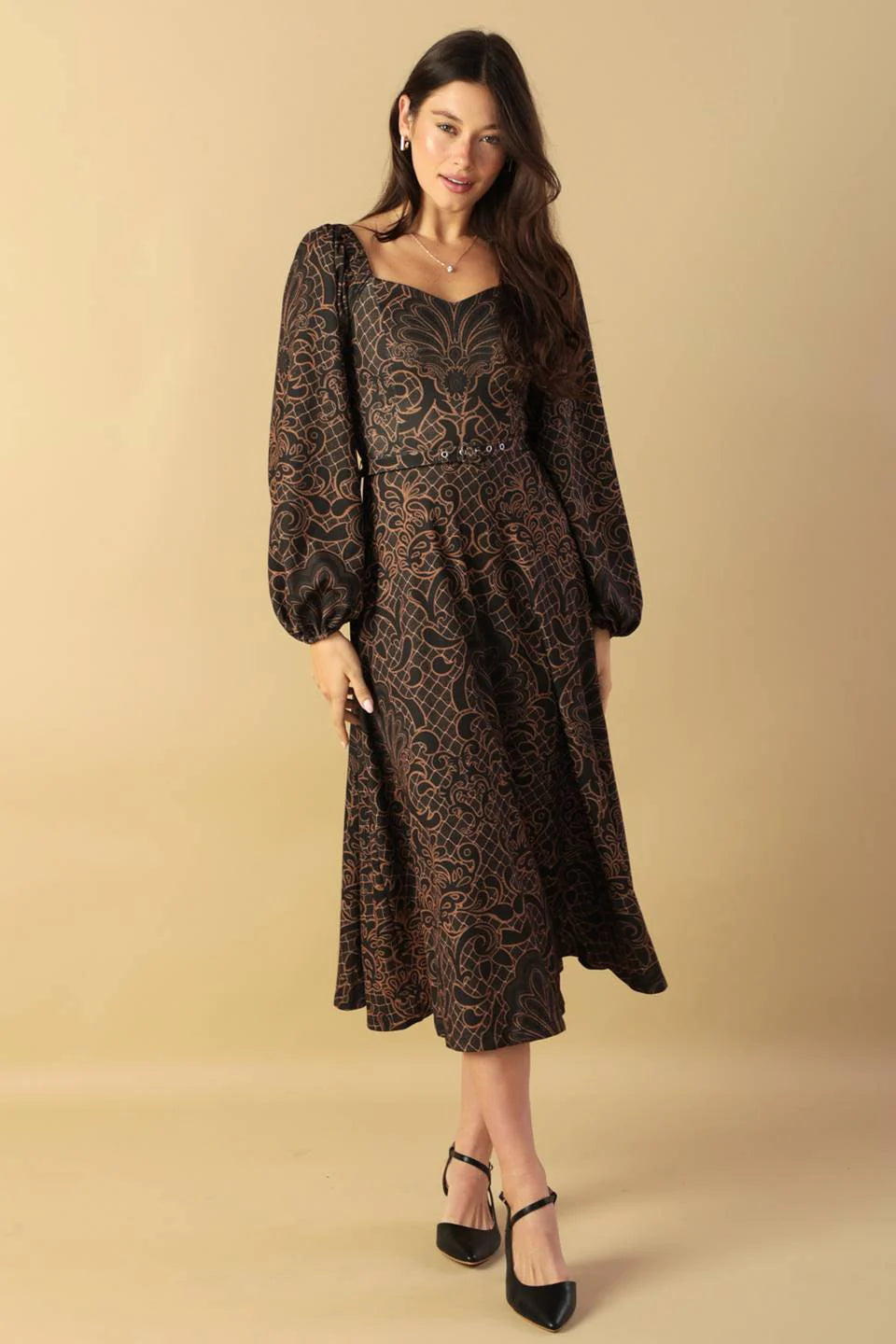 RUSTIC ALLURE BROWN MIDI DRESS