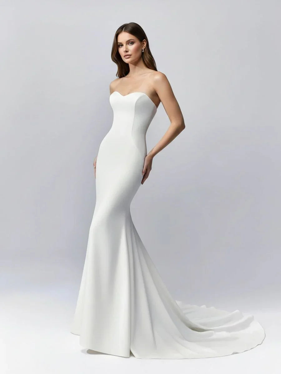 White Simple Sweep Train Boho Long Mermaid Wedding Dress