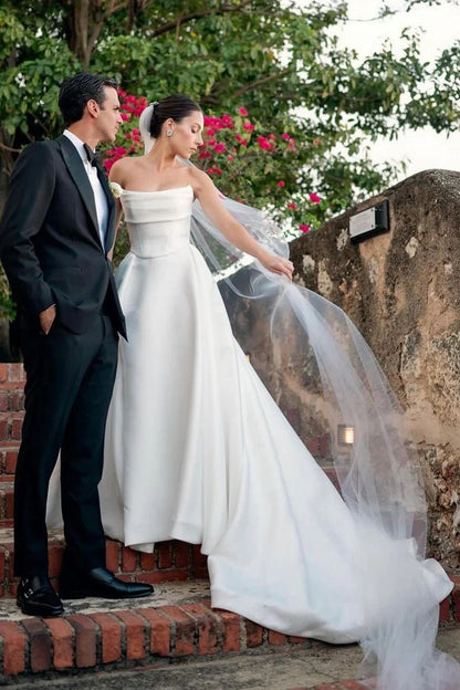 White Strapless Satin A Line Wedding Dresses