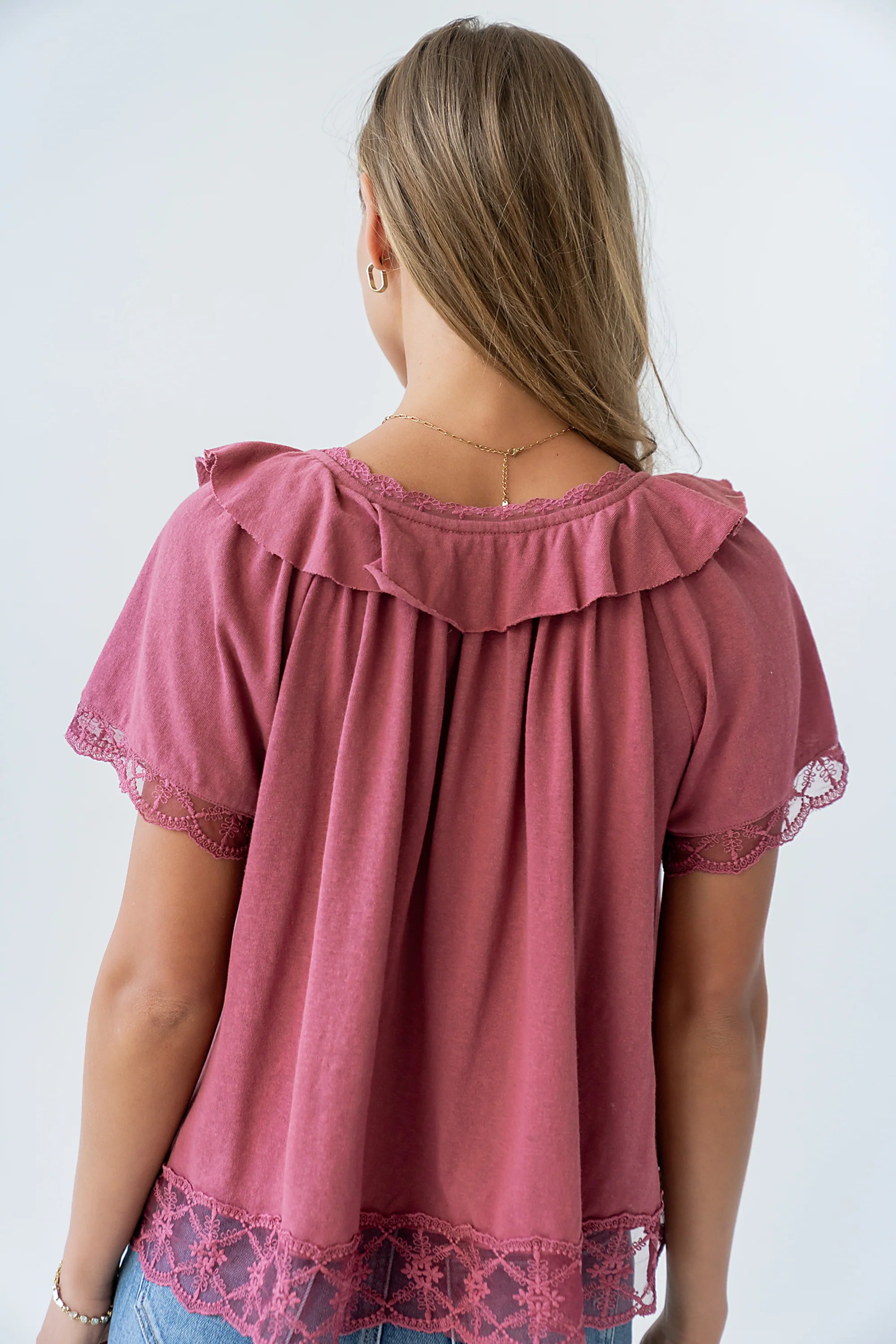 Lilian Lace Trim Top in Berry