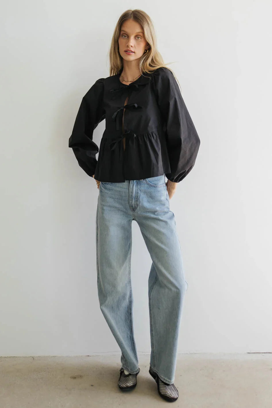 Maggie Peplum Tie Blouse in Black FINAL SALE