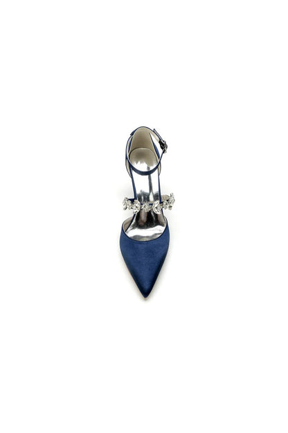 Satin Pointed Toe Rhinestone Strappy Chunky Heels
