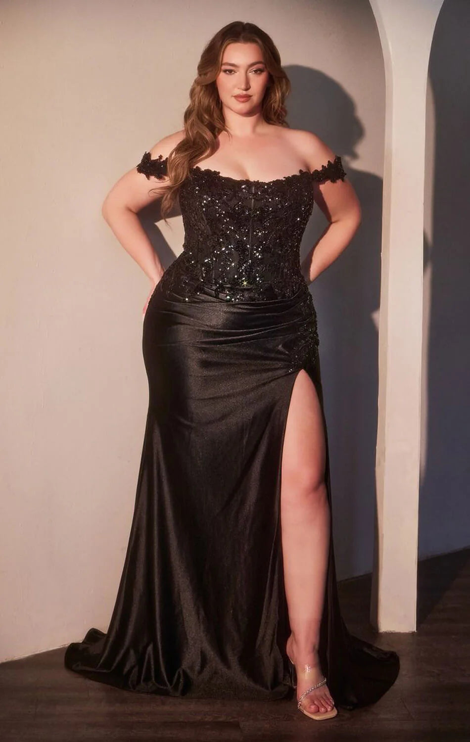PHILIPPA GOWN OFF THE SHOULDER LACE SATIN DRESS