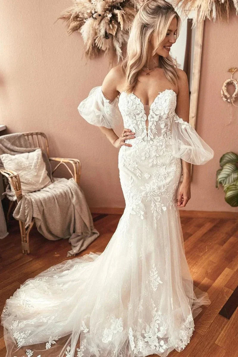 Charming Mermaid Sweetheart Lace Wedding Dresses with Appliques