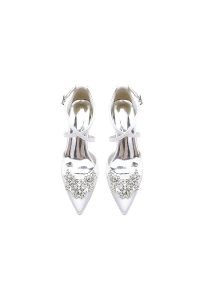 White Cross Strap Pump with Crystal Flower Accent