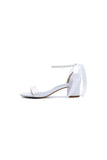 Block Heel Sandal Adorned with Pearl Ankle Band and Ribbon Bow
