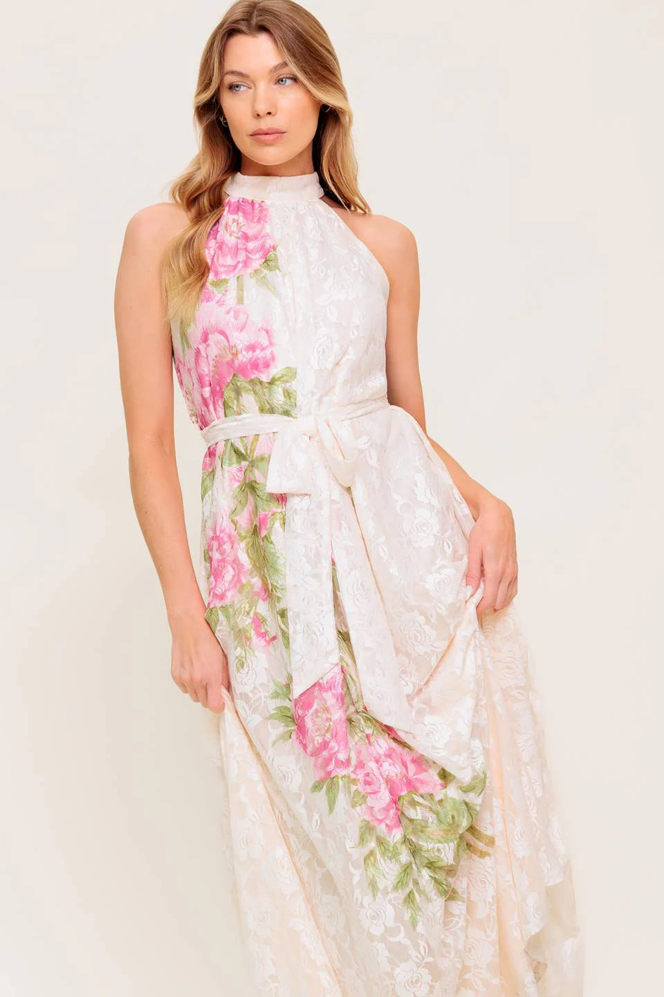 ROSE GARDEN IVORY LACE HALTER MAXI DRESS