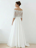 Off The Shoulder Lace A Line Satin Two Piece Wedding Dress With Sweep Train