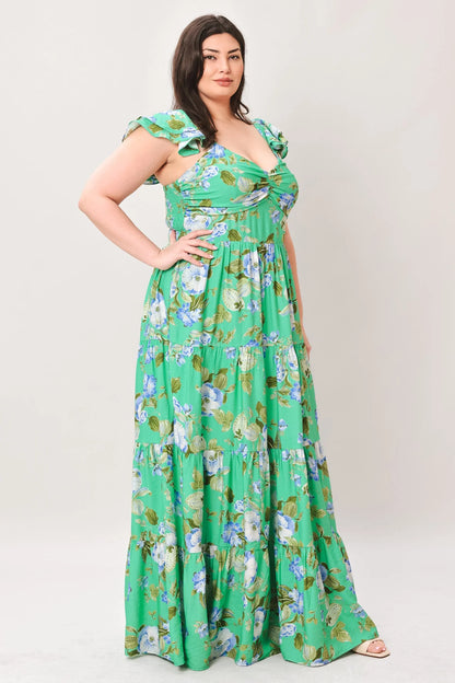 FRESH BLOSSOM GREEN FLORAL MAXI DRESS