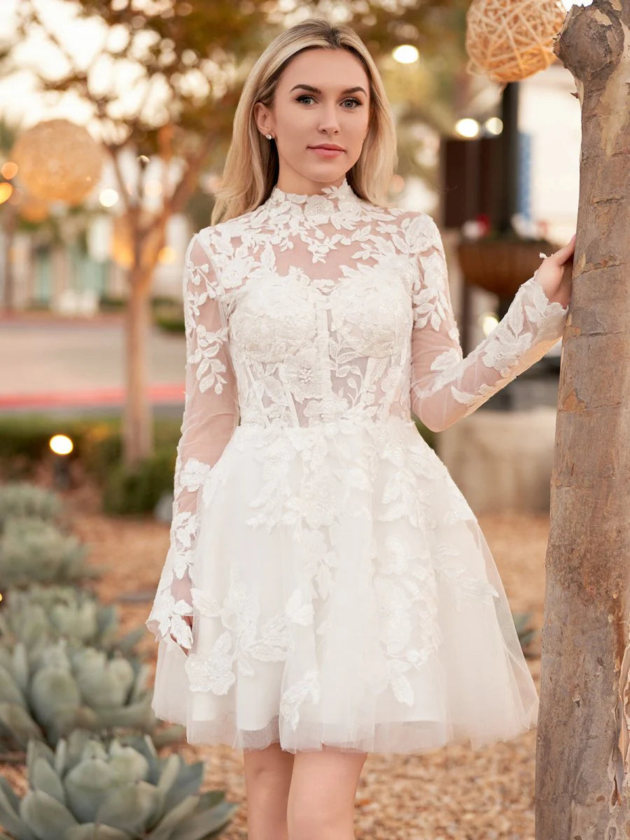 Short White A Line Illusion Neck Long Sleeves Lace Wedding Dresses