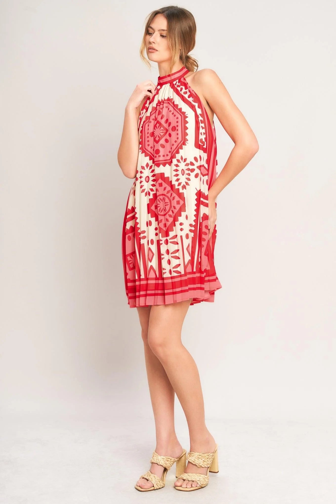 SUNSET MEDALLION PLEATED MINI DRESS
