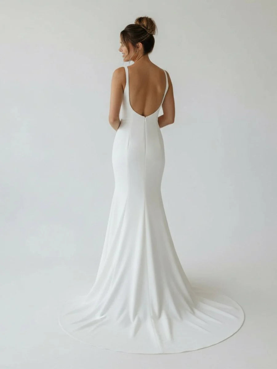 Simple Mermaid Scoop Neck Backless Satin Wedding Dresses
