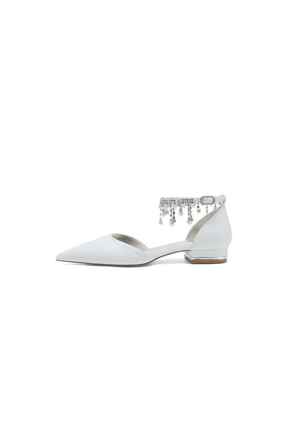 White Pearl Beaded Ankle Strap Pointed Toe Low Heels