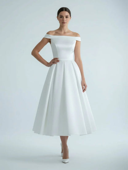 Sleeveless Tea Length Satin Wedding Dress With Sash And Off The Shoulder Neck