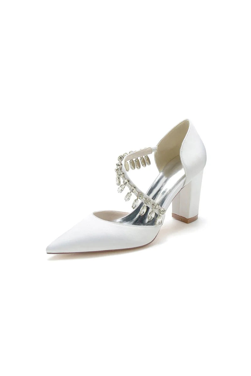 Pointed Toe Rhinestone Tassel Strappy Chunky Heels