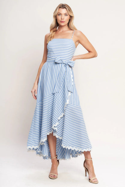 TIED TO YOU BLUE STRIPED MIDI DRESS