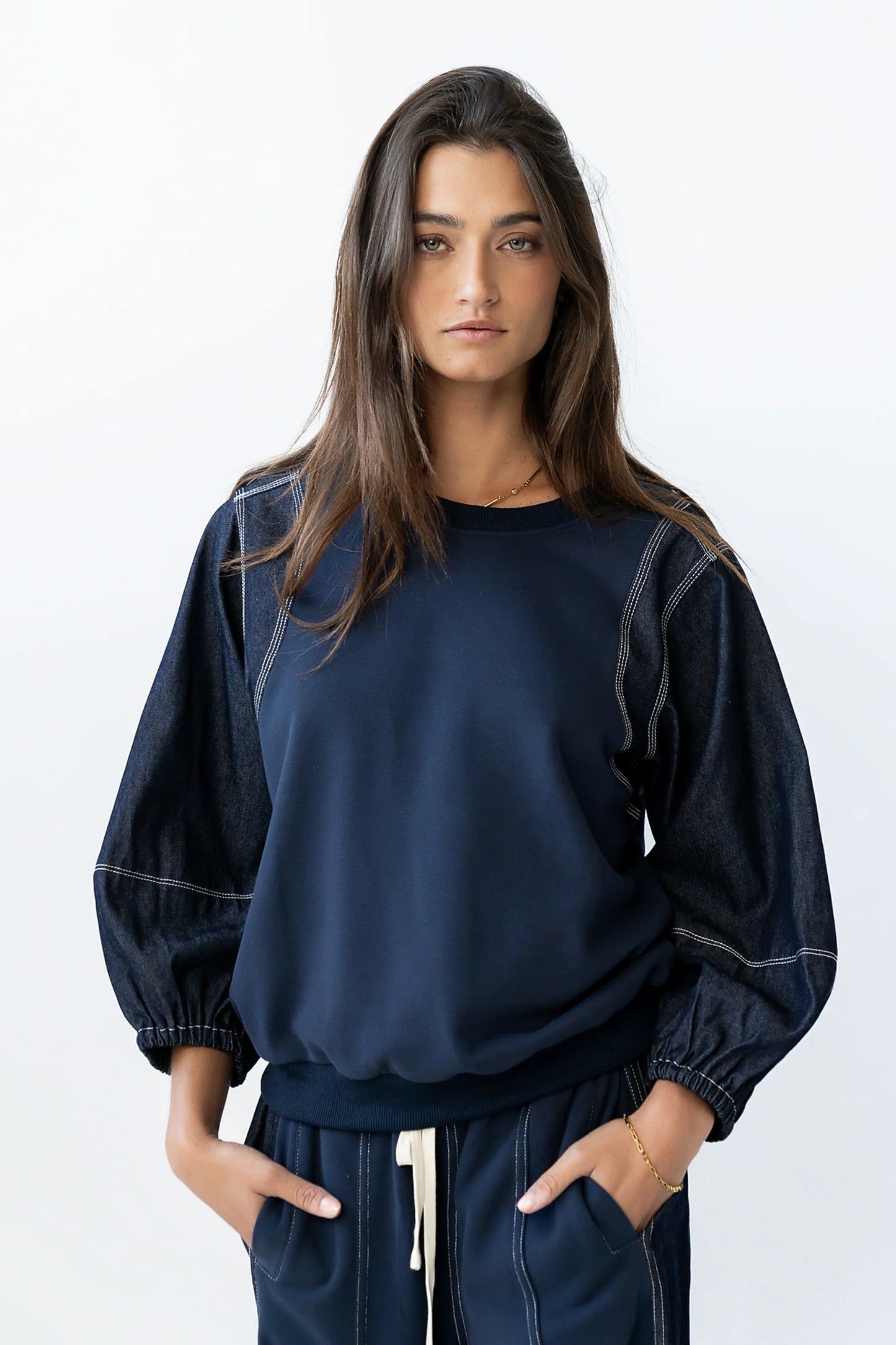 Malinda Mixed Media Top in Dark Wash FINAL SALE